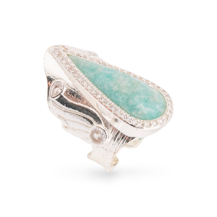Anello Di Bronzo Con Pietre Naturali E Zirconi 23x36mm Misura Regolabile Argentato Amazzonite