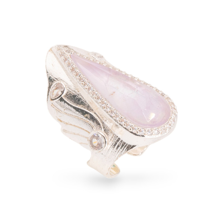 Bronzering mit Natursteinen und Zirkonen, 23 x 36 mm, verstellbare Größe, versilberter Amethyst-Lavendel