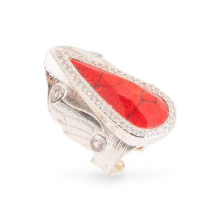 Bronze Ring With Natural Stones And Zircons 23x36mm Adjustable Size Silver Red Aulite