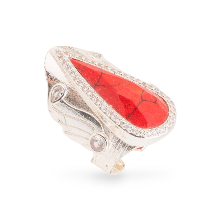 Bague en bronze avec pierres naturelles et zircons 23x36mm taille réglable Aulite rouge argentée