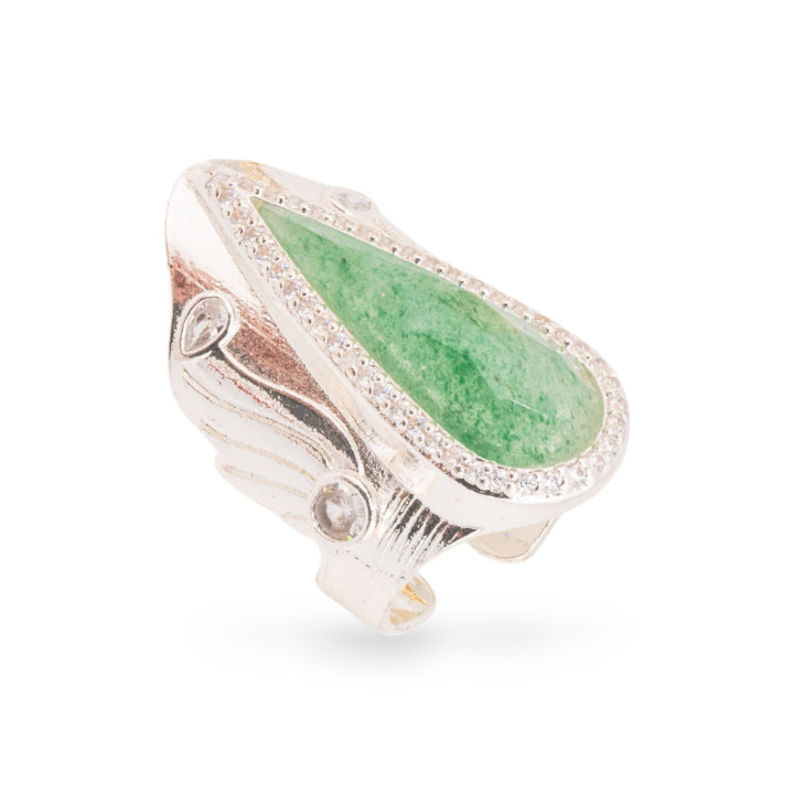 Anello Di Bronzo Con Pietre Naturali E Zirconi 23x36mm Misura Regolabile Argentato Avventurina Verde