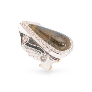 Anello Di Bronzo Con Pietre Naturali E Zirconi 23x36mm Misura Regolabile Argentato Labradorite