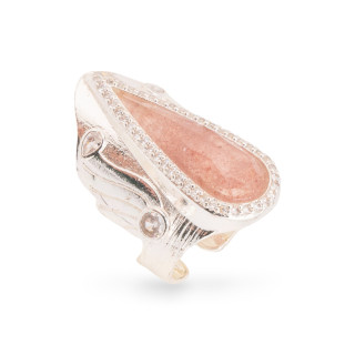 Anello Di Bronzo Con Pietre Naturali E Zirconi 23x36mm Misura Regolabile Argentato Quarzo Fragola