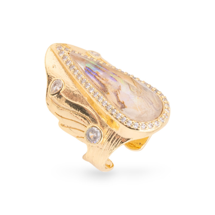 Bronze Ring With Natural Stones And Zircons 23x36mm Adjustable Size Gold AB