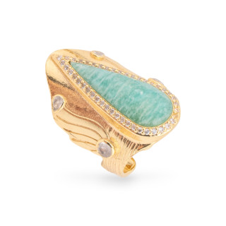 Anello Di Bronzo Con Pietre Naturali E Zirconi 23x36mm Misura Regolabile Dorato Amazzonite