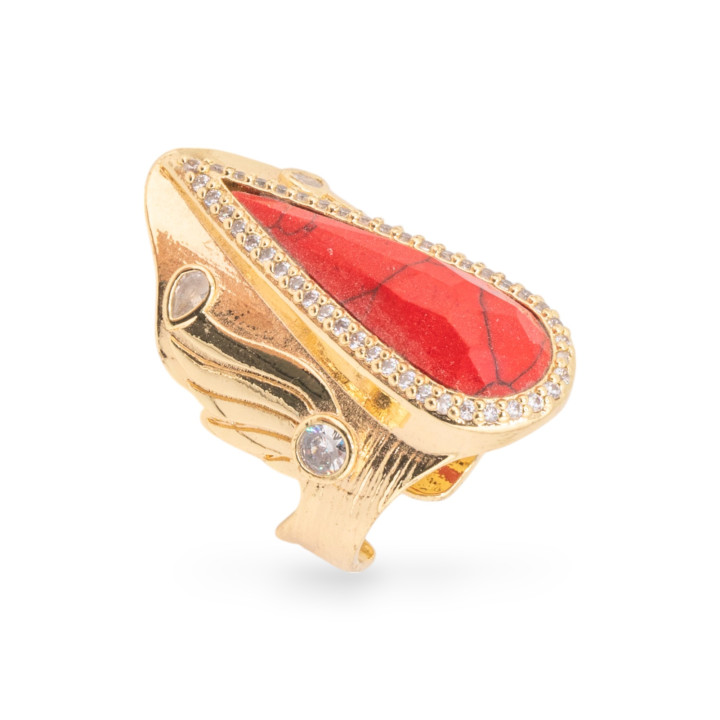 Anello Di Bronzo Con Pietre Naturali E Zirconi 23x36mm Misura Regolabile Dorato Aulite Rosso
