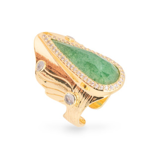 Bronze Ring With Natural Stones And Zircons 23x36mm Adjustable Size Gold Green Aventurine