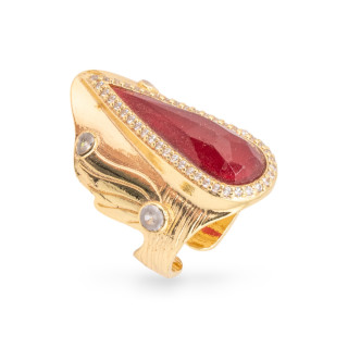 Bronze Ring With Natural Stones And Zircons 23x36mm Adjustable Size Gold Jade Ruby
