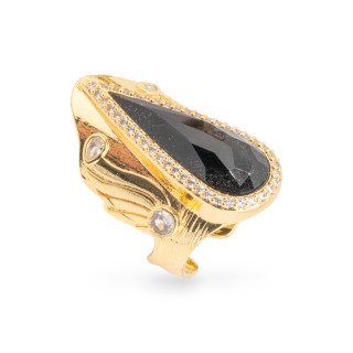 Anillo De Bronce Con Piedras Naturales Y Circonitas 23x36mm Tamaño Ajustable Dorado Negro