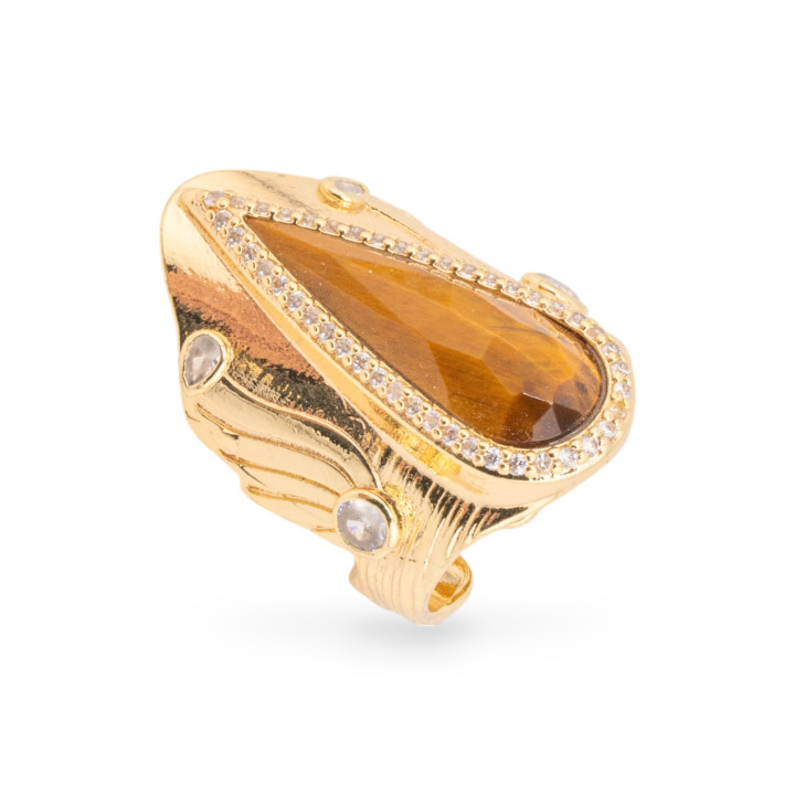Anillo De Bronce Con Piedras Naturales Y Circonitas 23x36mm Tamaño Ajustable Ojo De Tigre Dorado