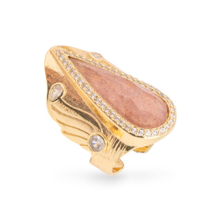 Bague en bronze avec pierres naturelles et zircons 23x36mm taille réglable Quartz fraise doré