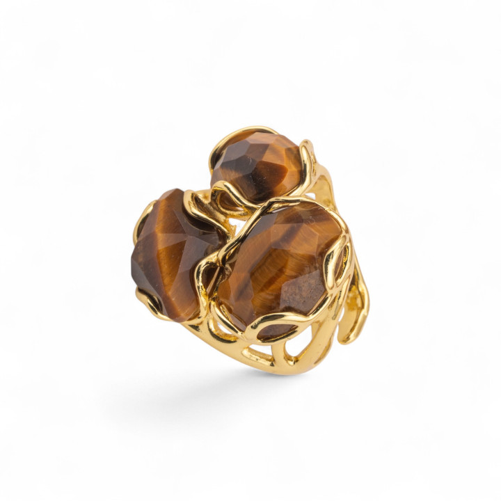 Anillo de Bronce Colección AURORA 25x27mm Con Piedras Semipreciosas Tamaño Ajustable Ojo de Tigre Dorado