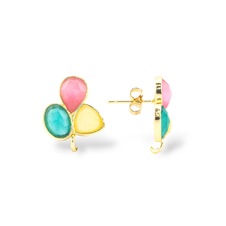 Basi Per Orecchini Di Ottone A Perno Con Cabochon Di Occhio Di Gatto Incastonato 17x17mm 3 Paia Dorato MIX11