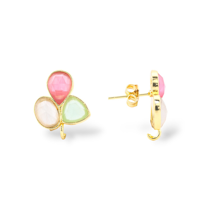 Brass Earring Backs Studs With Cat's Eye Cabochon Set 17x17mm 3 Pairs Gold MIX12