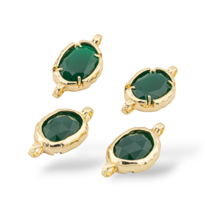 Connettore Componente Di Ottone Con Cristalli Con 2 Anellini Ovale 13x27mm 8pz Dorato Verde