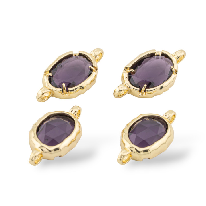 Connector Component Brass With Crystals With 2 Jump Rings Oval 13x27mm 8pcs Gold Purple
