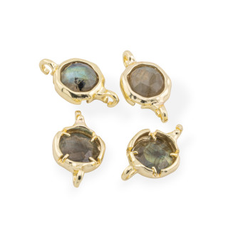 Conector de componente de latón con piedras naturales con 2 anillos redondos de 13 mm, 8 piezas de labradorita dorada