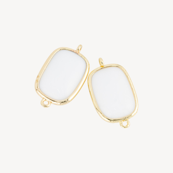 Connecteur de Composant en Laiton avec Oeil de Chat Rectangle 16x21mm Avec 2 Anneaux 8pcs Agate Blanche