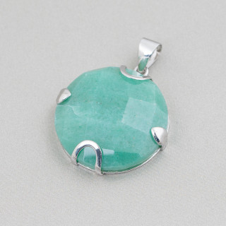 Pendentif Argent 925 Et Pierres Plates Rondes Facettes 30mm - Aventurine Verte