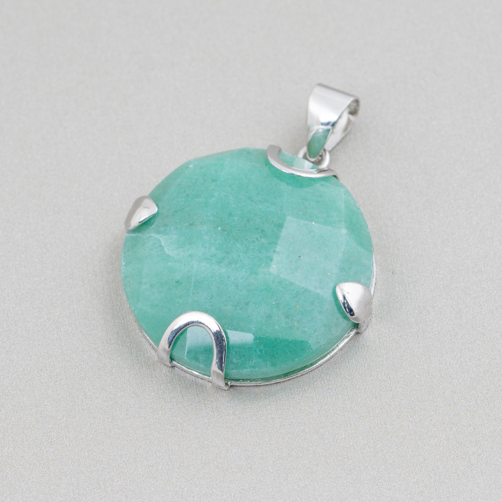 Anhänger aus 925er Sterlingsilber und flachen, runden, facettierten Hartsteinen, 30 mm – grüner Aventurin