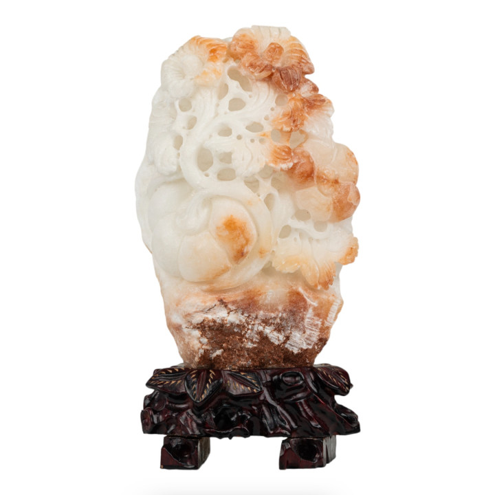 Statue - Fleurs et Fruits en Calcite avec Socle en Bois Gravé à la Main 36x19cm COD 81249
