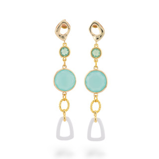 Boucles d'oreilles à tige en bronze avec œil de chat et cristaux CZ avec céramique 16x75 mm Aqua doré