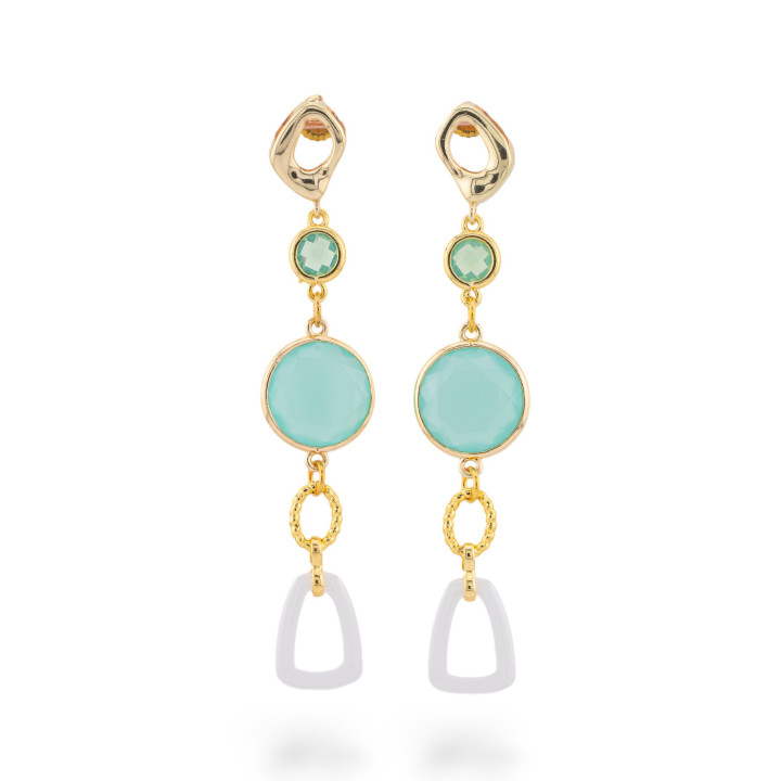 Boucles d'oreilles à tige en bronze avec œil de chat et cristaux CZ avec céramique 16x75 mm Aqua doré
