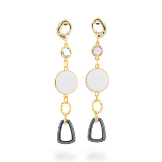 Boucles d'oreilles clous en bronze avec oeil de chat et cristaux CZ avec céramique 16x75mm blanc doré