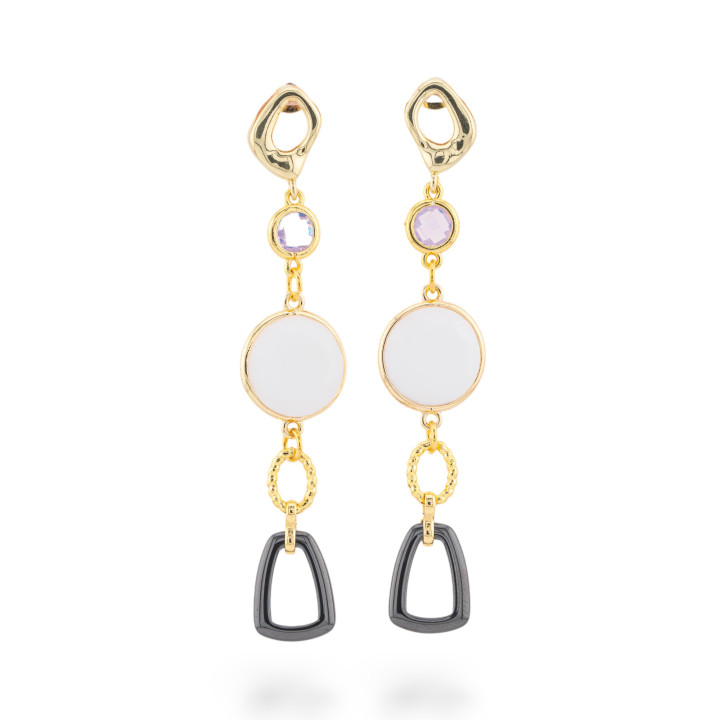 Bronze-Ohrstecker mit Katzenauge und CZ-Kristallen mit Keramik, 16 x 75 mm, Goldweiß