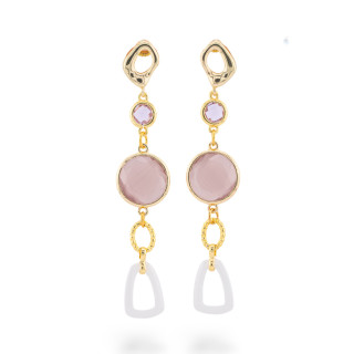 Aretes de Bronce con Ojo de Gato y Cristales CZ con Cerámica en Polvo Dorado de 16x75mm