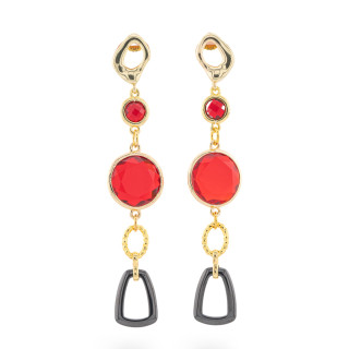 Boucles d'oreilles clous en bronze avec oeil de chat et cristaux CZ avec céramique 16x75mm doré rouge