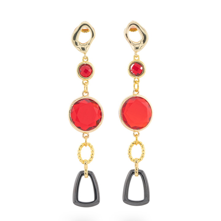 Boucles d'oreilles clous en bronze avec oeil de chat et cristaux CZ avec céramique 16x75mm doré rouge