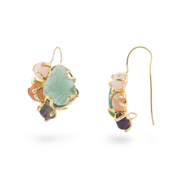 Orecchini Di Bronzo A Monachella Con 4 Pietre Naturali 26x30mm 1 Paio Dorato MOD07