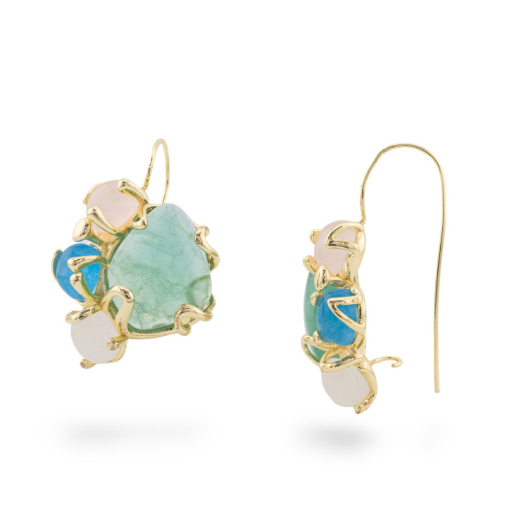 Boucles d'Oreilles Levier Bronze Avec 4 Pierres Naturelles 26x30mm 1 Paire Doré MOD08