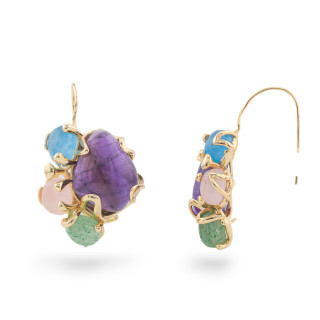 Boucles d'Oreilles Levier Bronze Avec 4 Pierres Naturelles 26x30mm 1 Paire Doré MOD10