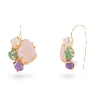 Boucles d'Oreilles Levier Bronze Avec 4 Pierres Naturelles 26x30mm 1 Paire Doré MOD12