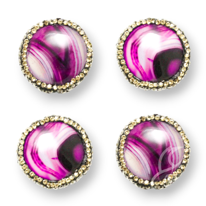 Marcasite Beads String Rhinestone Agate Striped Fuchsia Round Flat 22mm 6pcs