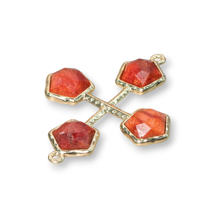 Brass Component Connector With Cat's Eye Set Cross With 2 Rings 32x40mm 4pcs Madrepora