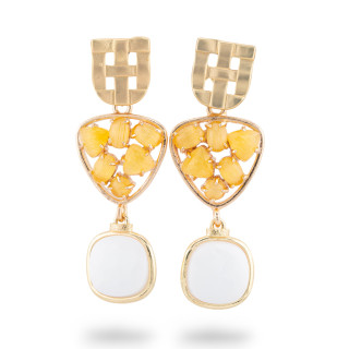 Orecchini A Perno Di Bronzo Con Cabochon Di Occhio Di Gatto 20x50mm Dorato Bianco