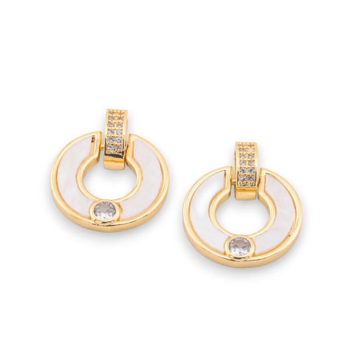 Anhänger-Komponenten-Bronze-Charms mit Perlmutt und Zirkonen, 18 x 22 mm, 6 Stück, Weißgold