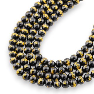 Onyx Noir Rond Lisse Gravé Doré 6mm MOD2