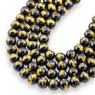 Onix Negro Redondo Liso Grabado Dorado 8mm MOD2