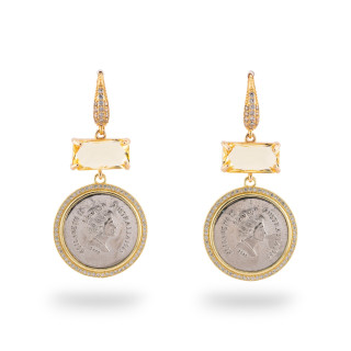 Bronze CZ Crystal Stud Earrings with Yellow Gold Zircon Pendant