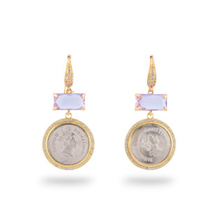 Bronze CZ Crystal Stud Earrings with Lavender Gold Zircon Pendant