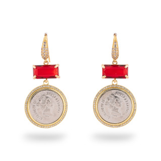 Pendientes Palanca De Bronce Con Cristales CZ Y Colgante Con Circonitas Doradas Rojas