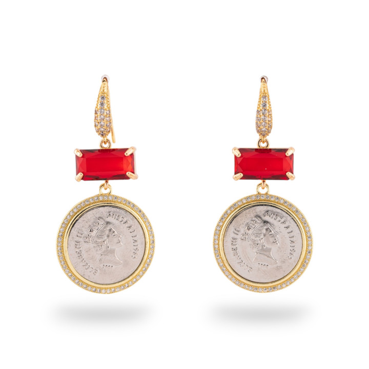 Boucles d'oreilles levier en bronze avec cristaux CZ et pendentif avec zircons dorés rouges