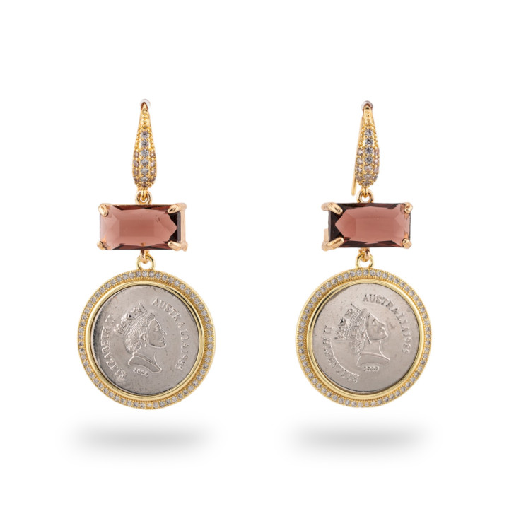 Boucles d'oreilles crochet en bronze avec cristaux CZ et pendentif avec zircons dorés vin