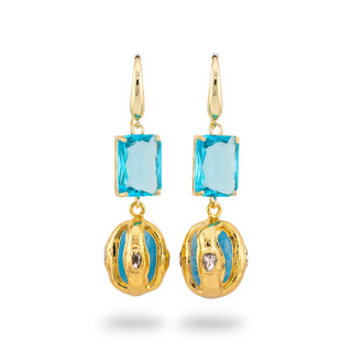 Bronze CZ Crystal and Gold Pearl Aqua Earrings