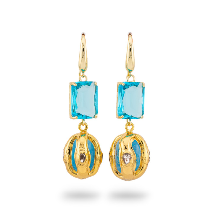 Bronzene Hakenohrringe mit CZ-Kristallen und goldener Aqua-Perle