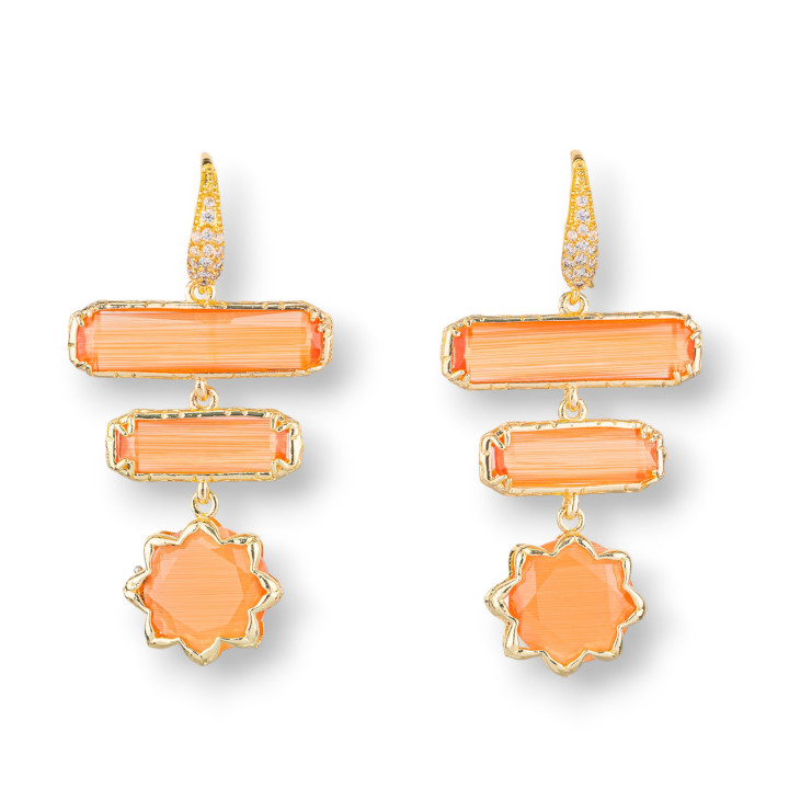 Χάλκινα σκουλαρίκια με γάντζο με ορθογώνια στοιχεία από μάτι γάτας και αστέρι 8 ακτίνων 29x58 mm πορτοκαλί